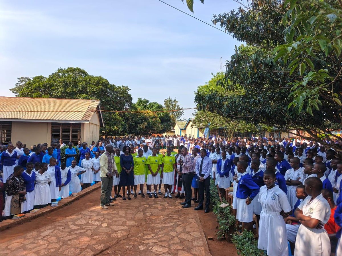 Students and staff gathered outside the school
